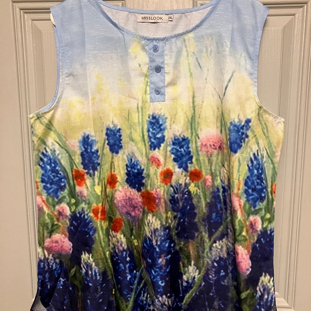 WOMEN'S SIZE 2X SLEEVELESS COTTON BLEND WATER COLOR PRINT TOP